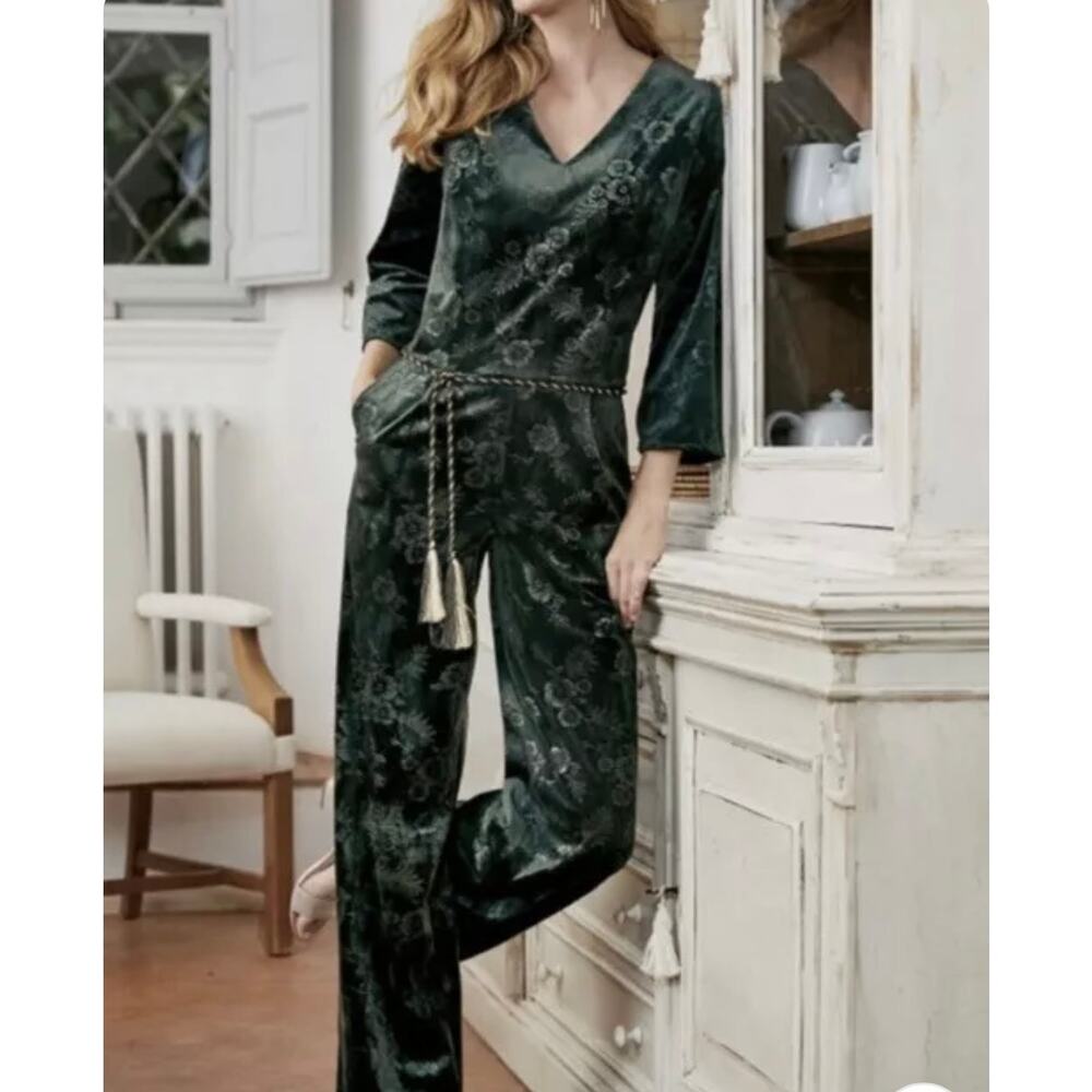 Soft Surroundings Velvet Green Long Sleeve Romper Pantsuit leelah Size TS